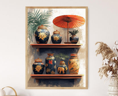 Affiche Éléphant en céramique birmane – Art mural doré du Myanmar