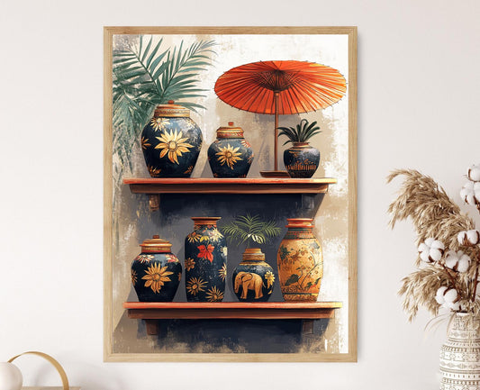 Affiche Éléphant en céramique birmane – Art mural doré du Myanmar