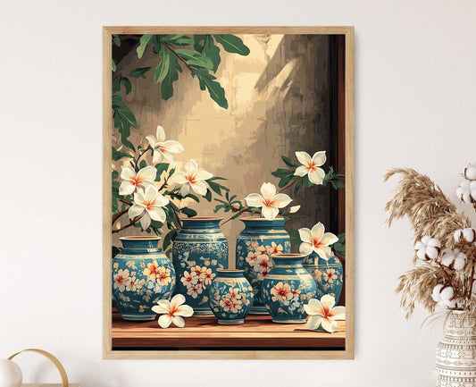 Affiche en Céramique Cambodgienne – Poster d'Art Khmer avec Fleurs Frangipani