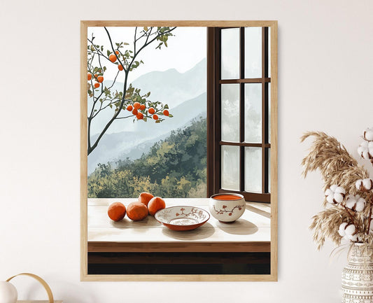 Affiche d'Art en Céramique Coréenne – Peinture de Poterie Buncheong avec Incrustations et Kaki d'Automne