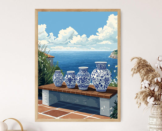 Affiche Céramique Portugaise – Poster des Azulejos Bleus et Banc Côtier