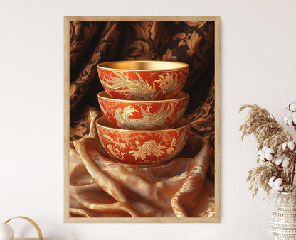 Affiche Phénix Doré en Porcelaine Benjarong – Poster Art Soie Asie du Sud-Est