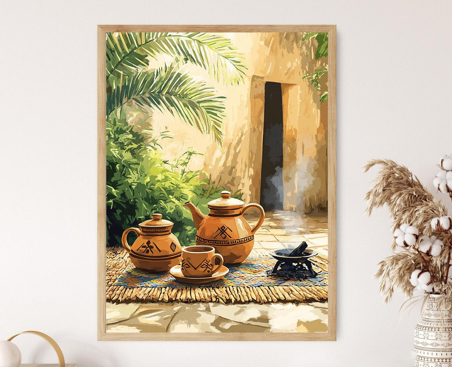 Affiche Cérémonie de Café Éthiopien – Art Geométrique & Tapis Tissé