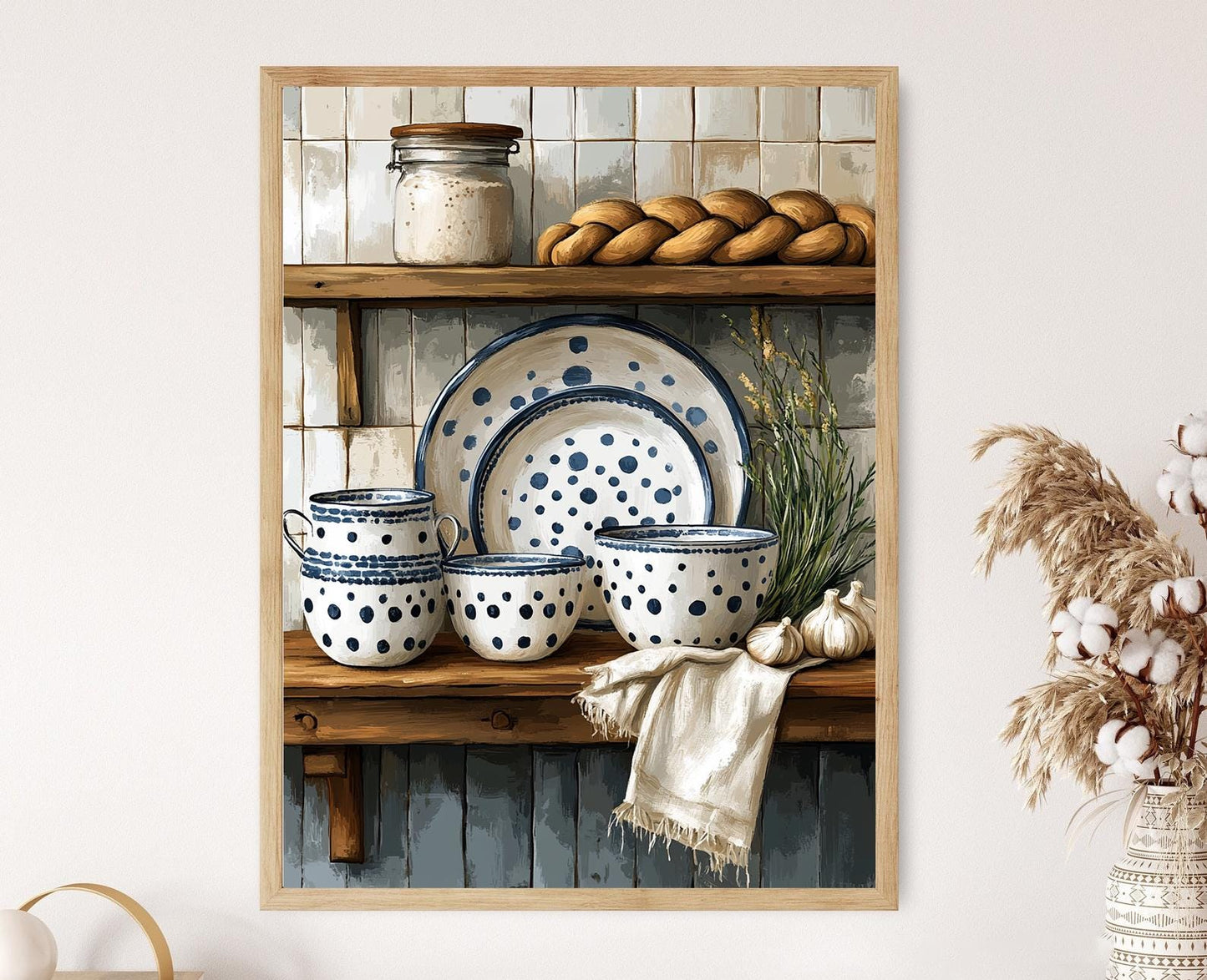 Affiche Céramique Polonaise – Poster Scène de Cuisine Rustique, Paon Bleu