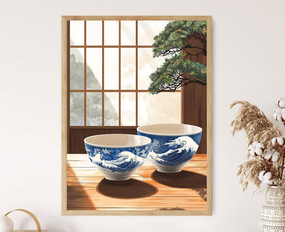 Affiche Vagues Indigo et Grue – Poster Peinture Bol en Céramique Japonaise