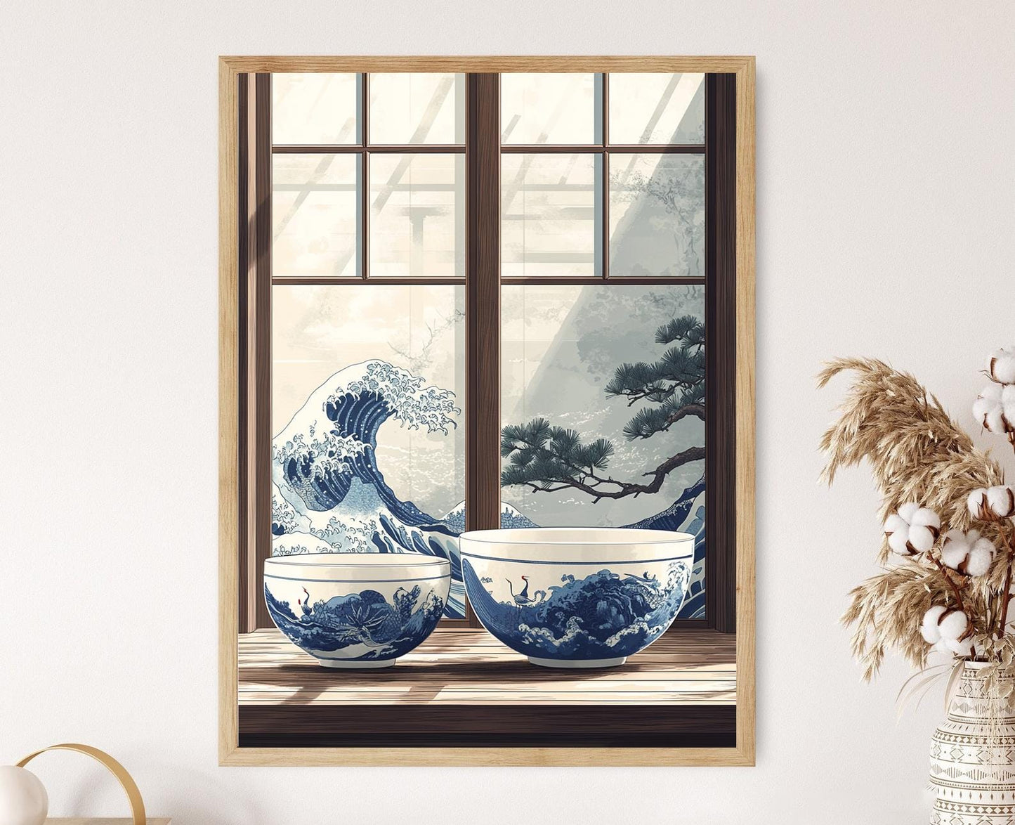 Affiche Vague de Kanagawa – Poster Art Céramique Minimaliste Crane Indigo