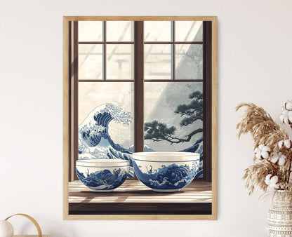 Affiche Vague de Kanagawa – Poster Art Céramique Minimaliste Crane Indigo