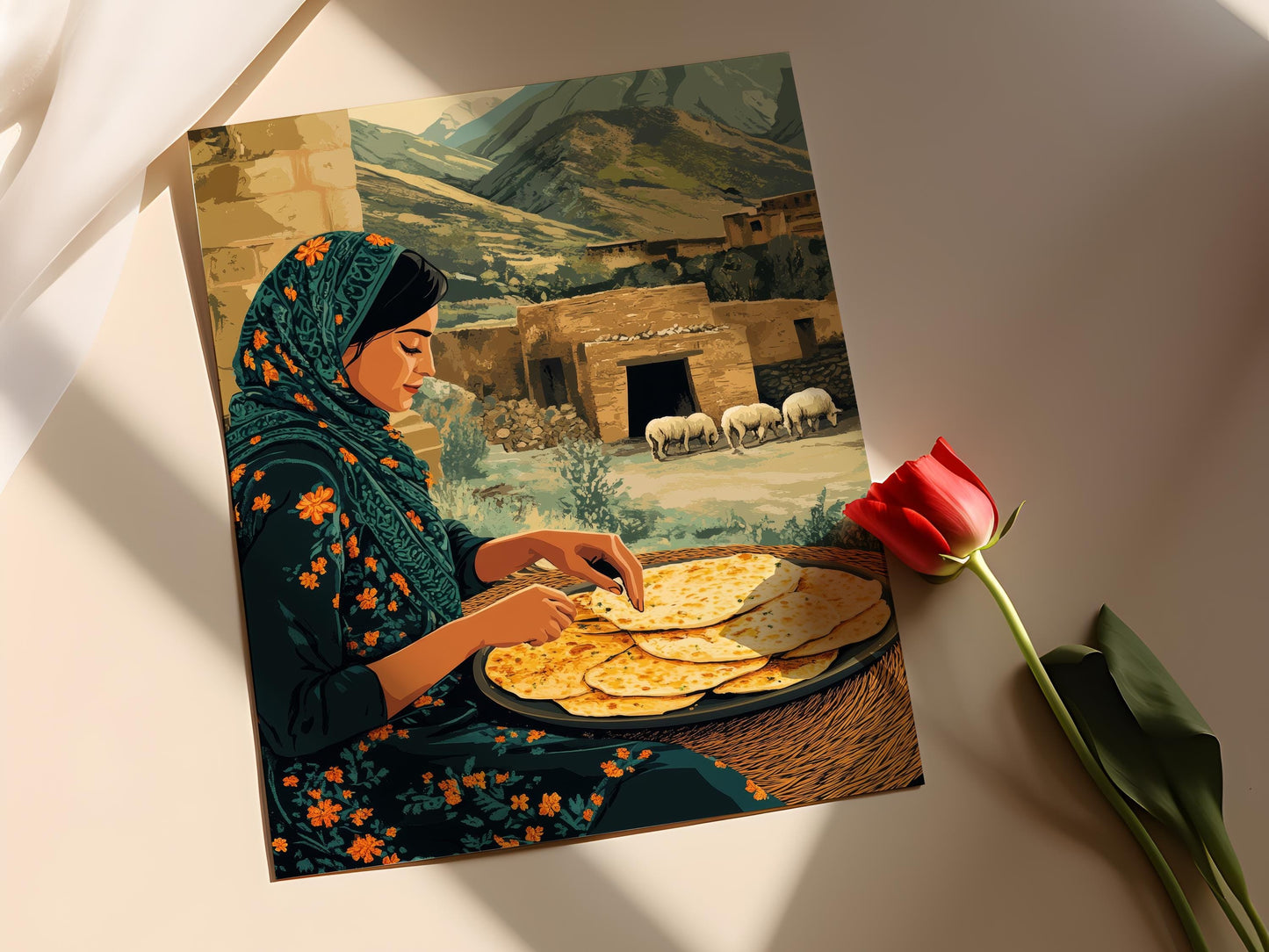 Affiche Femme Afghan Cuisine Bolani – Impression Art, Scène Rustique