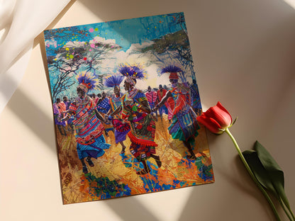 Affiche Danse des Guerriers Maasai – Poster Art Tribal Coloré