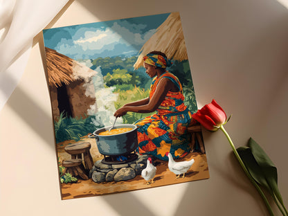 Affiche Femme Zimbabwéenne Cuisinant Sadza – Art de Cuisine Traditionnelle