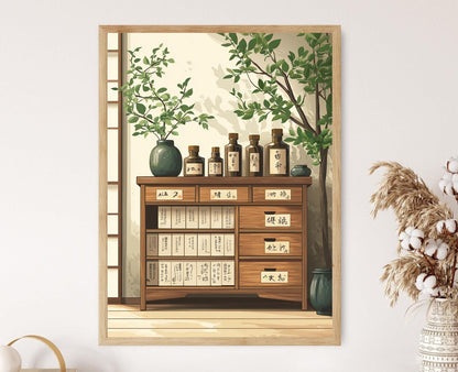 Affiche Cabinet Apothicaire Japonais – Poster avec Tiroirs en Bois et Feuilles de Shiso