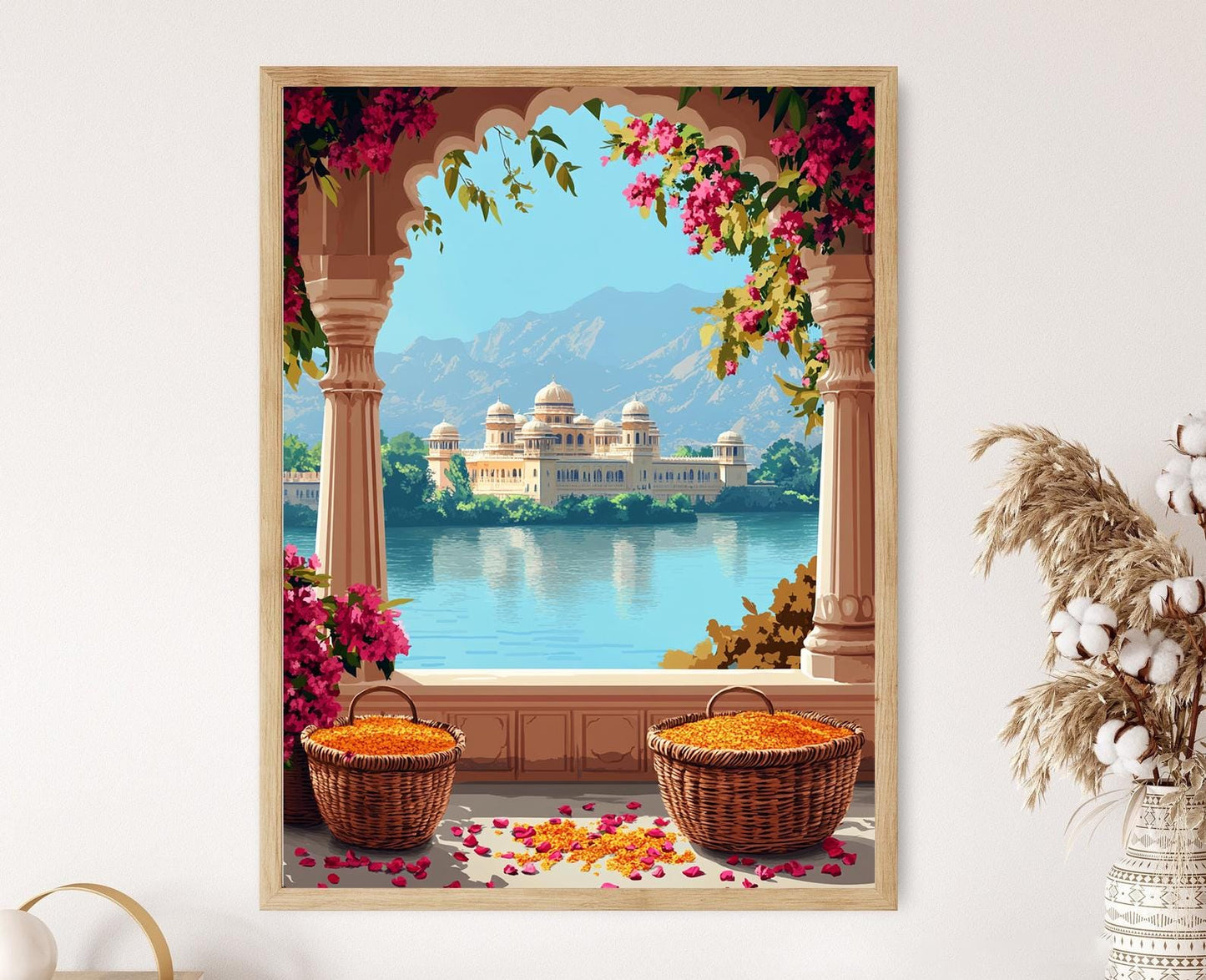 Affiche Balcon Udaipur – Poster Art du Lac Rajasthan avec Safran Rose