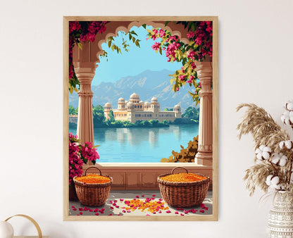 Affiche Balcon Udaipur – Poster Art du Lac Rajasthan avec Safran Rose