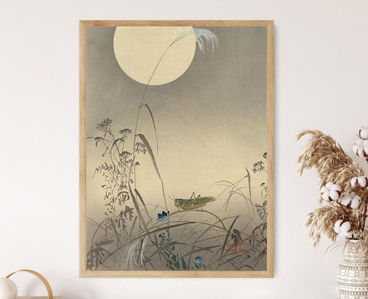 Affiche Sauterelle et Lune Folle, 1910, Art Shin Hanga d'Ohara Koson