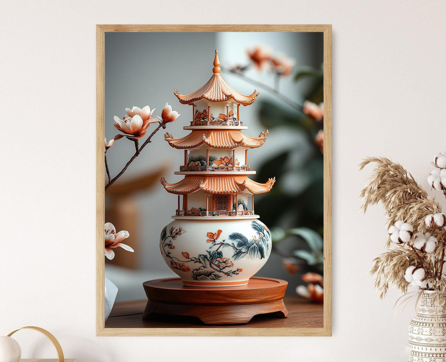 Affiche Pagode en Céramique Vietnamienne – Art Décoratif Peint à la Main