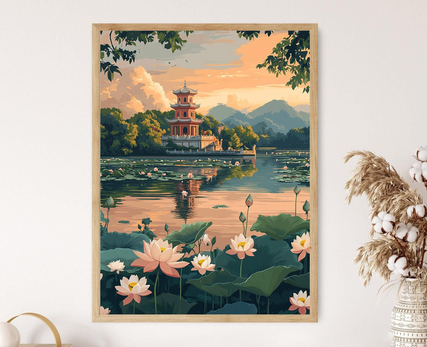 Affiche Pagode Unique – Poster Art de Hanoi, Paysage de Lotus