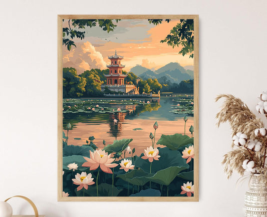 Affiche Pagode Unique – Poster Art de Hanoi, Paysage de Lotus