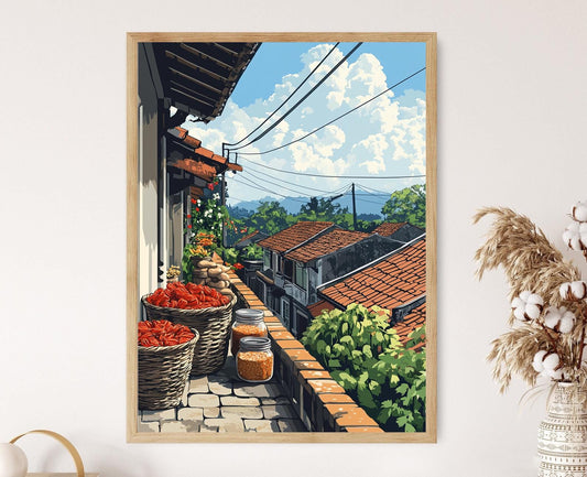 Affiche Marché Folklorique Indonésien – Poster Panier Balcon Surabaya