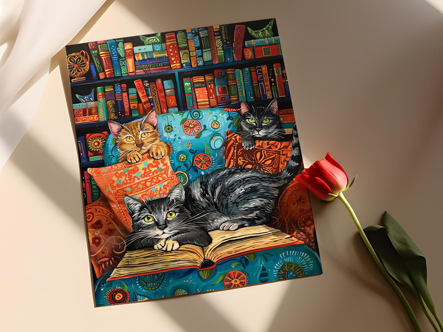 Affiche Chats dans une Bibliothèque Confortable – Peinture Inspirée de Louis Wain