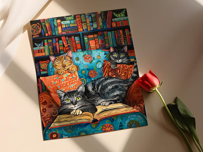 Affiche Chats dans une Bibliothèque Confortable – Peinture Inspirée de Louis Wain