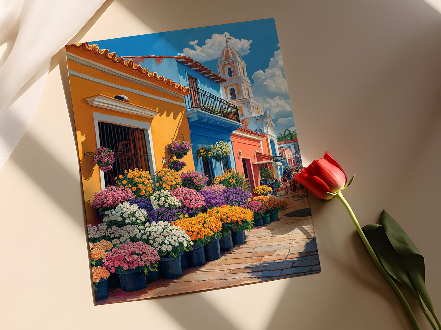Affiche Santiago de Cuba – Impression d'art de fleurs tropicales et bâtiments coloniaux