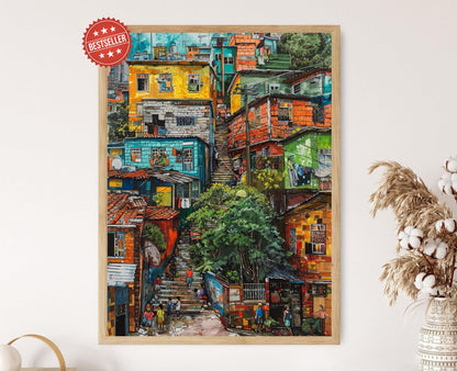 Affiche Favela Brésilienne – Art Coloré de Favelas à la Main