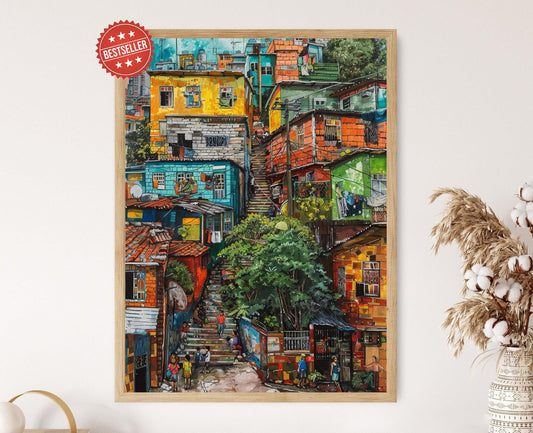 Affiche Favela Brésilienne – Art Coloré de Favelas à la Main