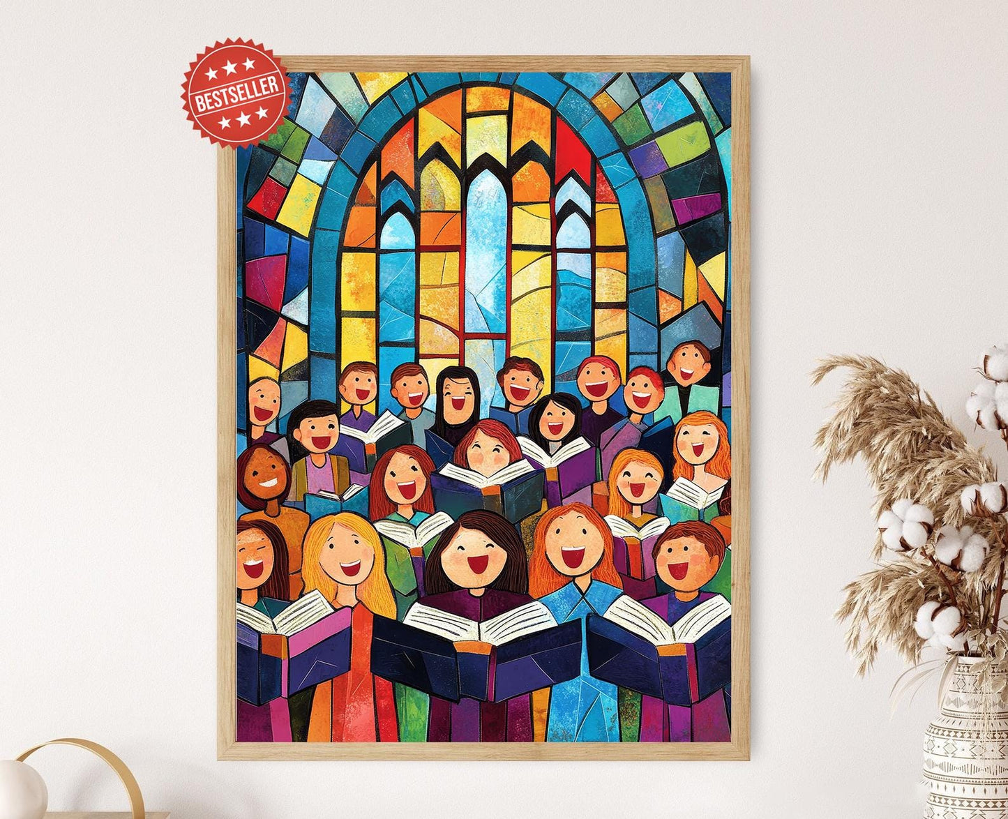 Affiche Chœur d'Église – Impression d'Art d'Enfants Chantant avec Vitraux