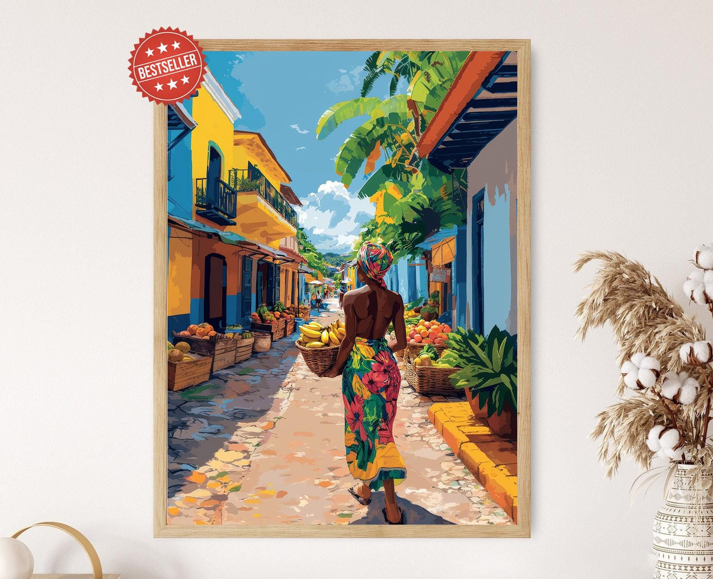 Affiche Femme Jamaïcaine avec Fruits – Illustration Marché Tropical