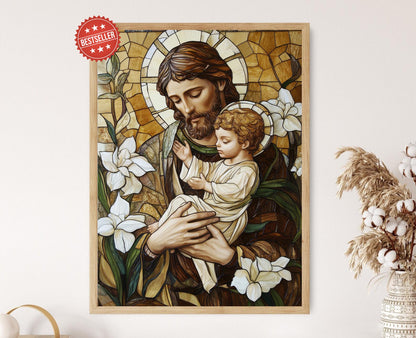 Affiche Saint Joseph et l'Enfant Jésus – Décor religieux en vitrail
