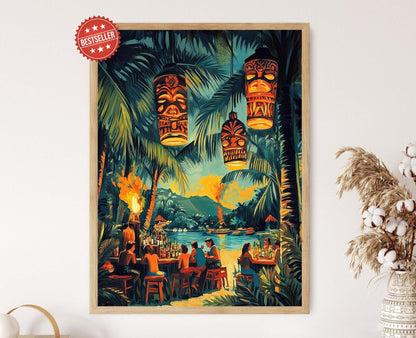 Affiche Vintage Tiki Bar – Imprimé Art avec Flambeaux et Clients