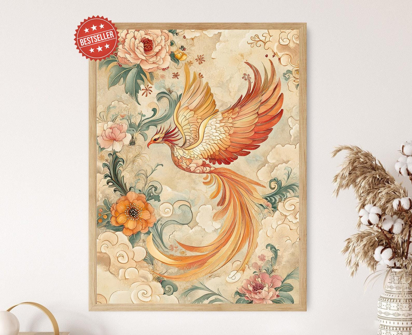 Affiche Chinoiserie - Impression Art Phoenix, Design de Plumes Vibrantes
