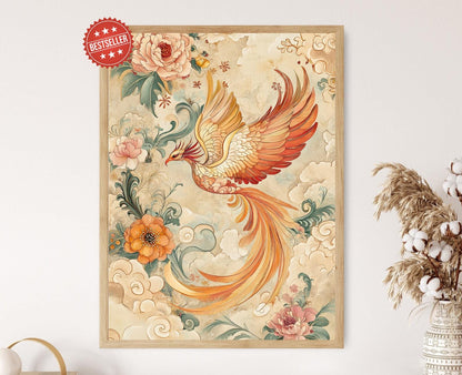 Affiche Chinoiserie - Impression Art Phoenix, Design de Plumes Vibrantes