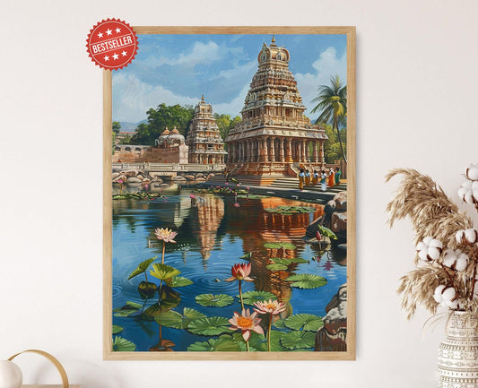 Affiche de l'étang du temple du Tamil Nadu – Art populaire du Sud indien