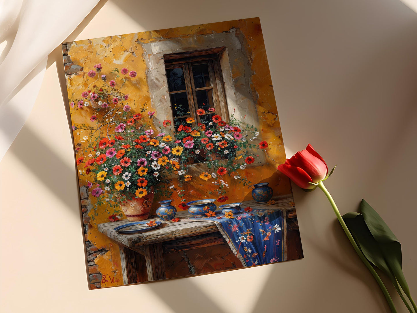 Affiche Céramique Polonaise – Poster Fleurie et Village Rustique