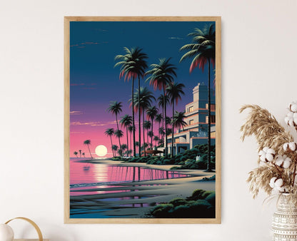 Affiche Coucher de Soleil Plage – Poster Rétro Palmiers Décor Coastal