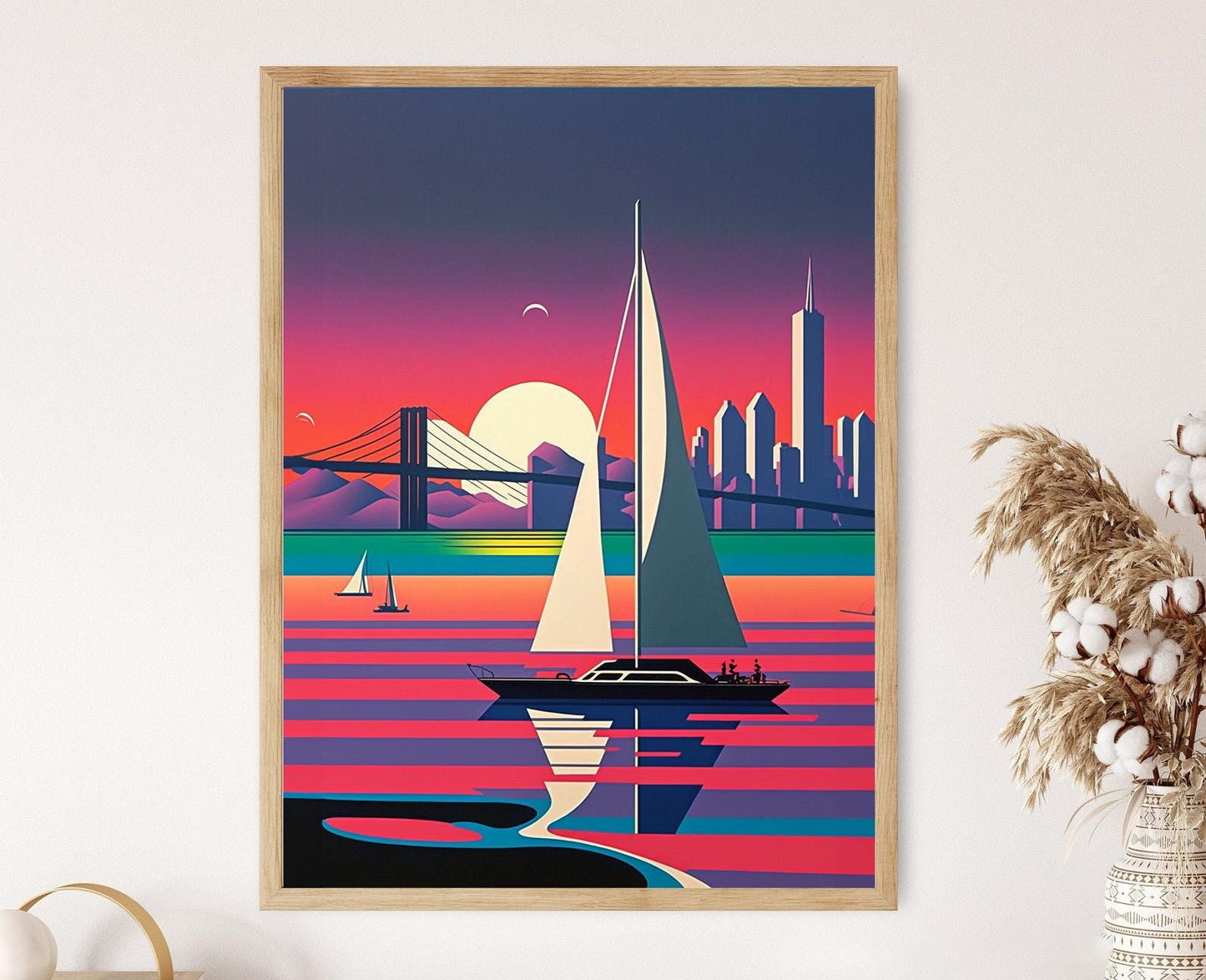 Affiche San Francisco – Impression Art: Voiliers au coucher de soleil, Skyline moderne