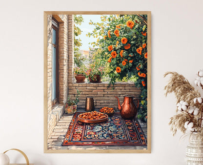 Affiche Azerbaïdjan – Poster Art sur Terrasse : Plateaux en Cuivre, Tapis à Motifs
