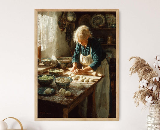 Affiche Pierogi Polonais – Poster Art de Cuisine avec Grand-mère et Dentelle