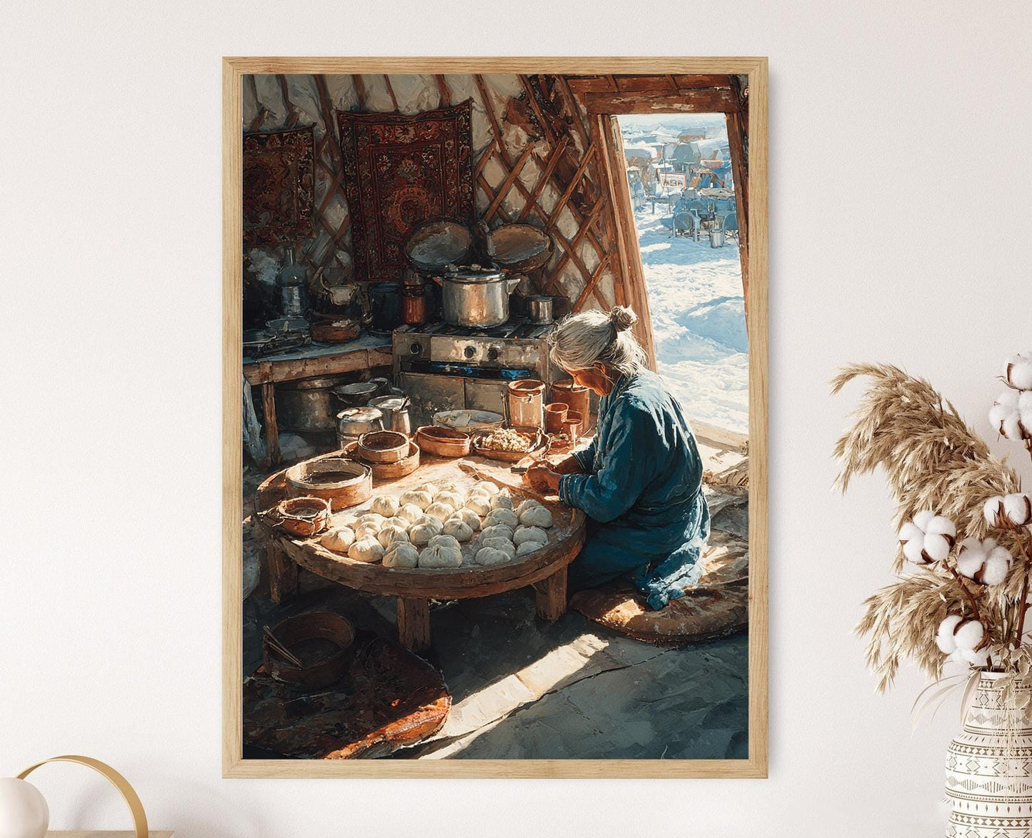 Affiche Buuz Mongole – Tableau de Grand-mère au Table Rond dans la Steppe