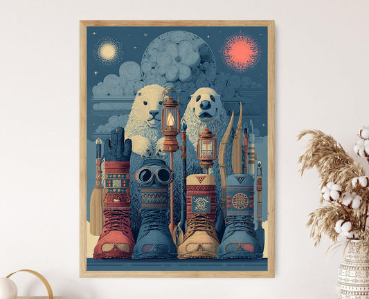 Affiche Inuit – Poster Art Populaire du Grand Nord avec Qulliq et Traîneaux