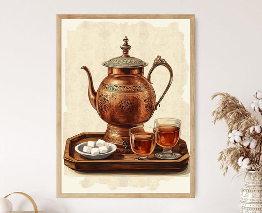 Affiche Samovar en Cuivre Iranien – Poster Décor Géométrique de Cuisine