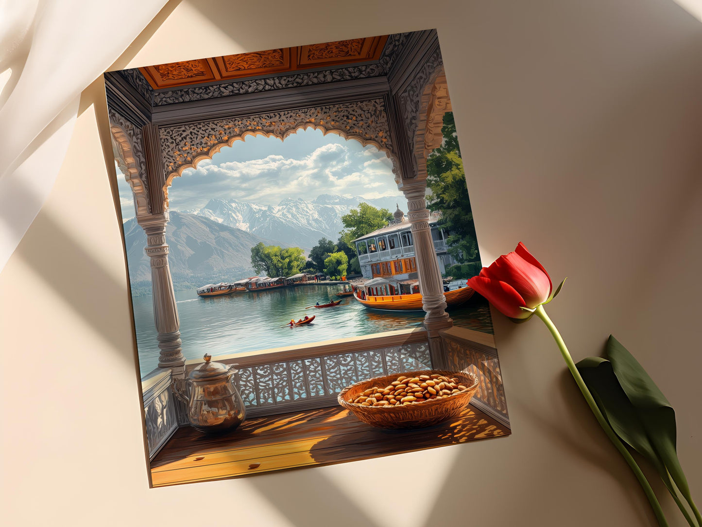 Affiche Marché de Srinagar – Poster Peinture Panier Safran et Amande