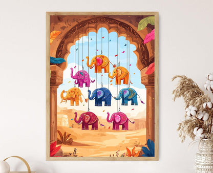 Affiche Éléphant du Rajasthan – Poster Coloré en Verre Art Indien