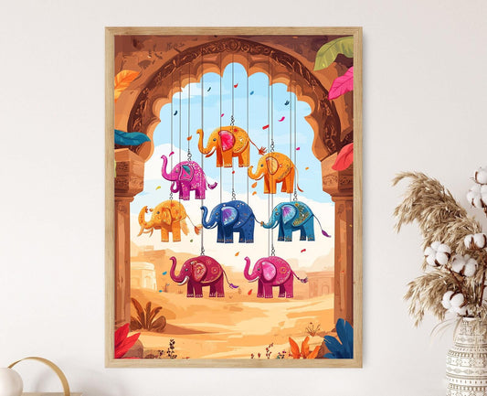 Affiche Éléphant du Rajasthan – Poster Coloré en Verre Art Indien