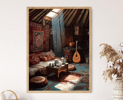 Affiche Peinture Intérieure de Yourte Kazakhe – Art Nomade et Dombra