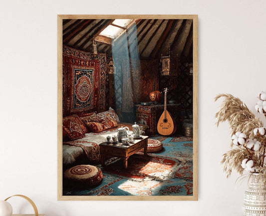 Affiche Peinture Intérieure de Yourte Kazakhe – Art Nomade et Dombra