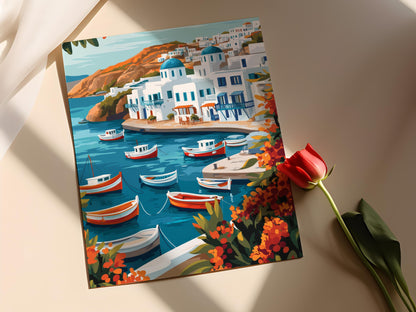 Affiche Mykonos – Poster Illustration côtière grecque colorée