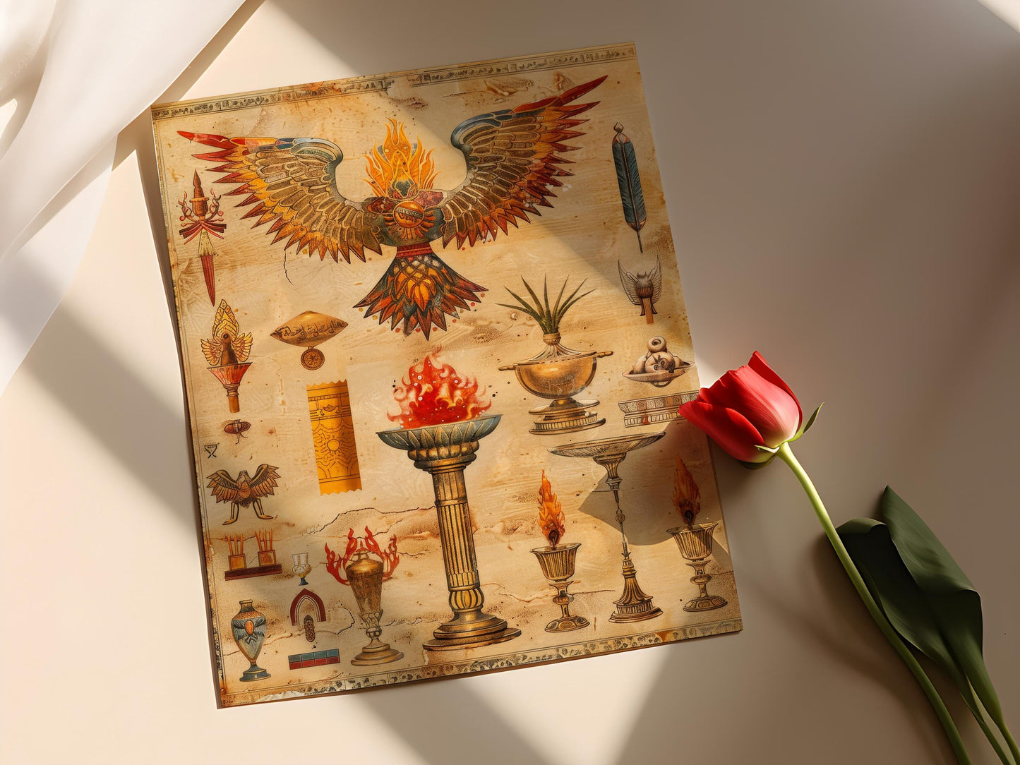 Affiche Zoroastrienne : Faravahar et Autel de Feu - Mythologie Persane