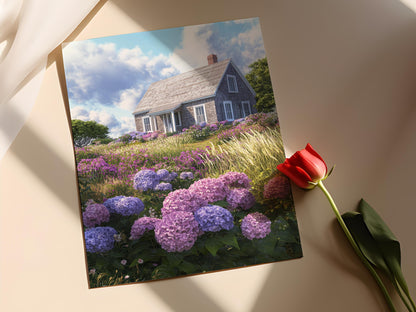 Affiche Jardin Fleuri de Nantucket – Poster Hydrangeas & Cottage Coastal